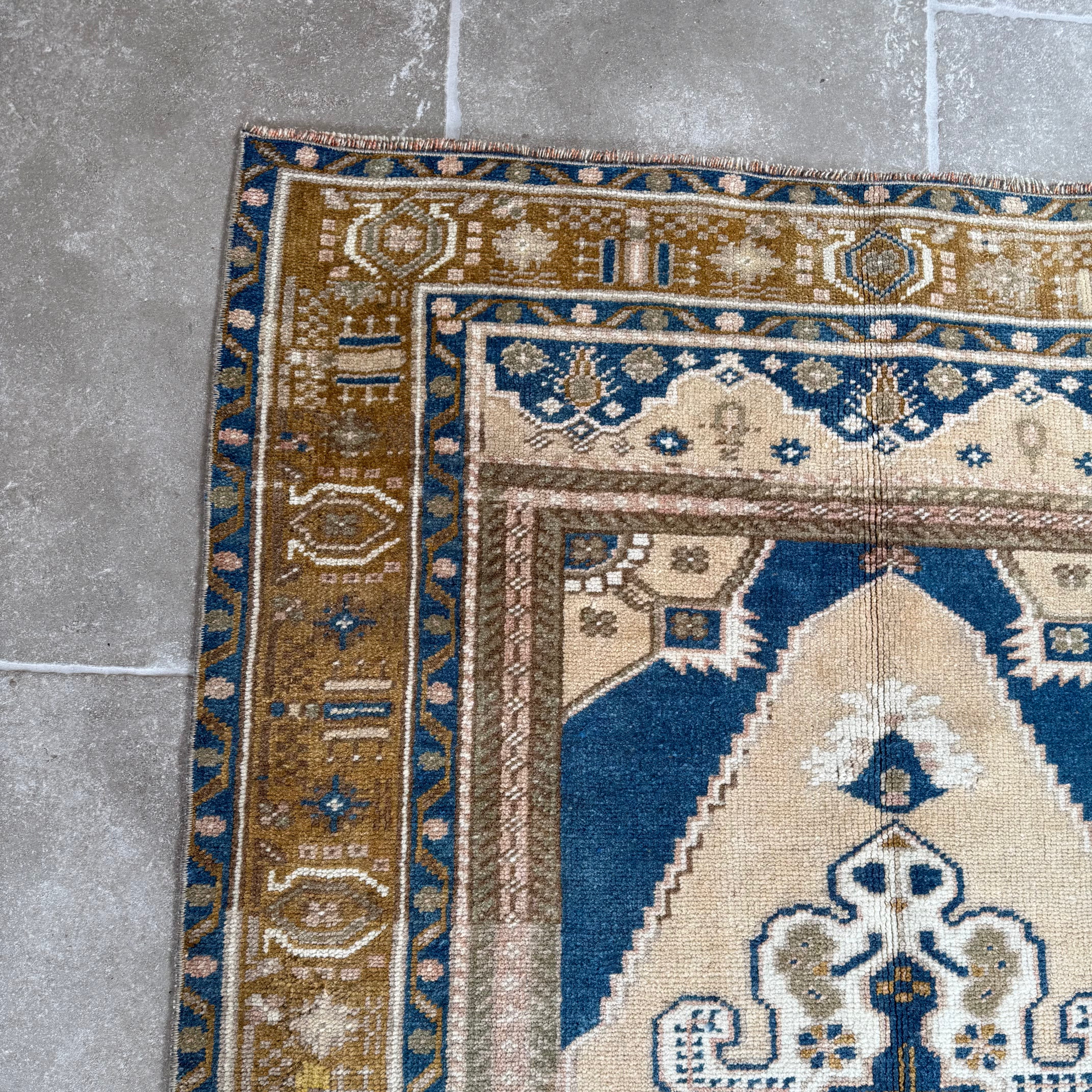 Vintage  Blue / Mustard / Beige /  Pink Oushak Rug