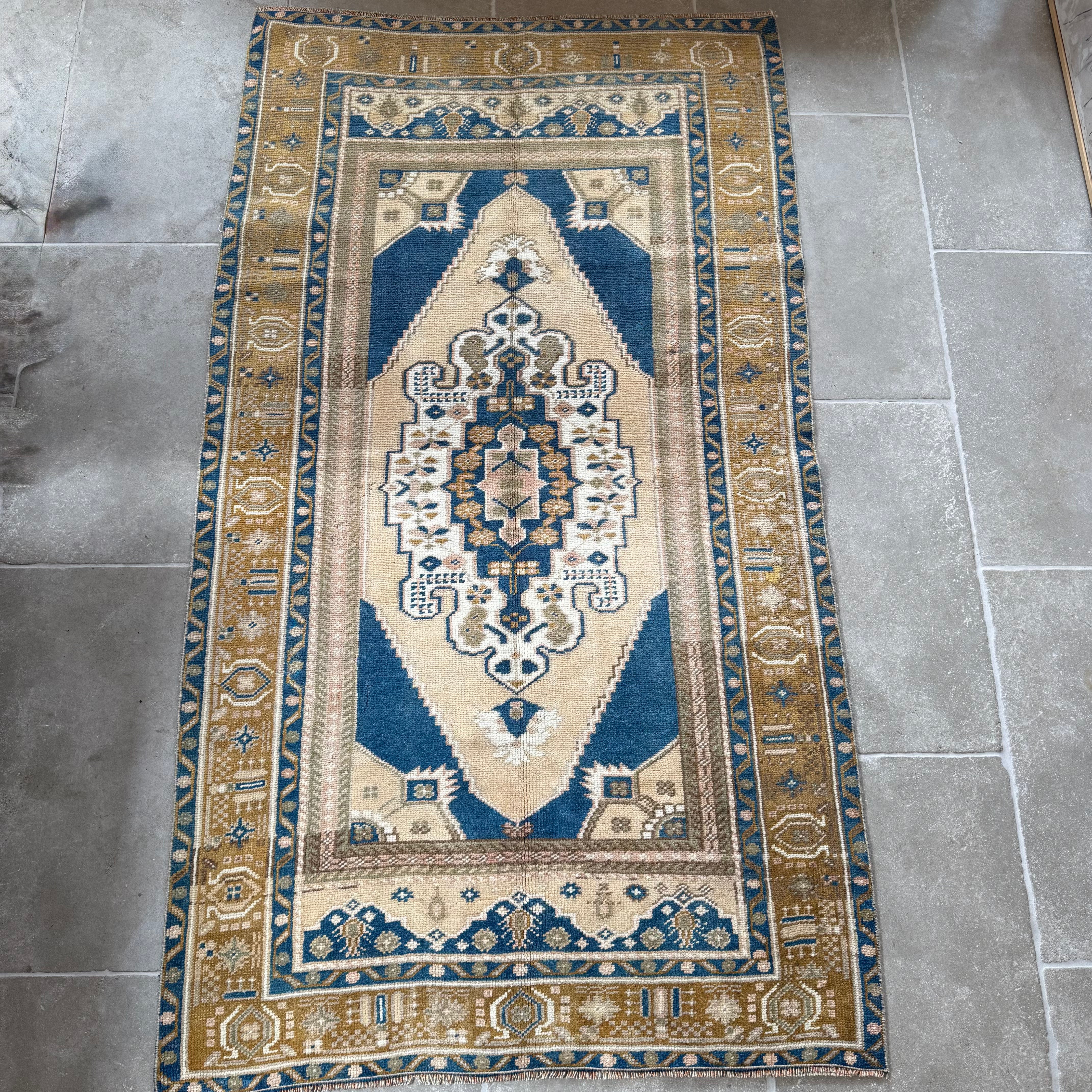 Vintage  Blue / Mustard / Beige /  Pink Oushak Rug