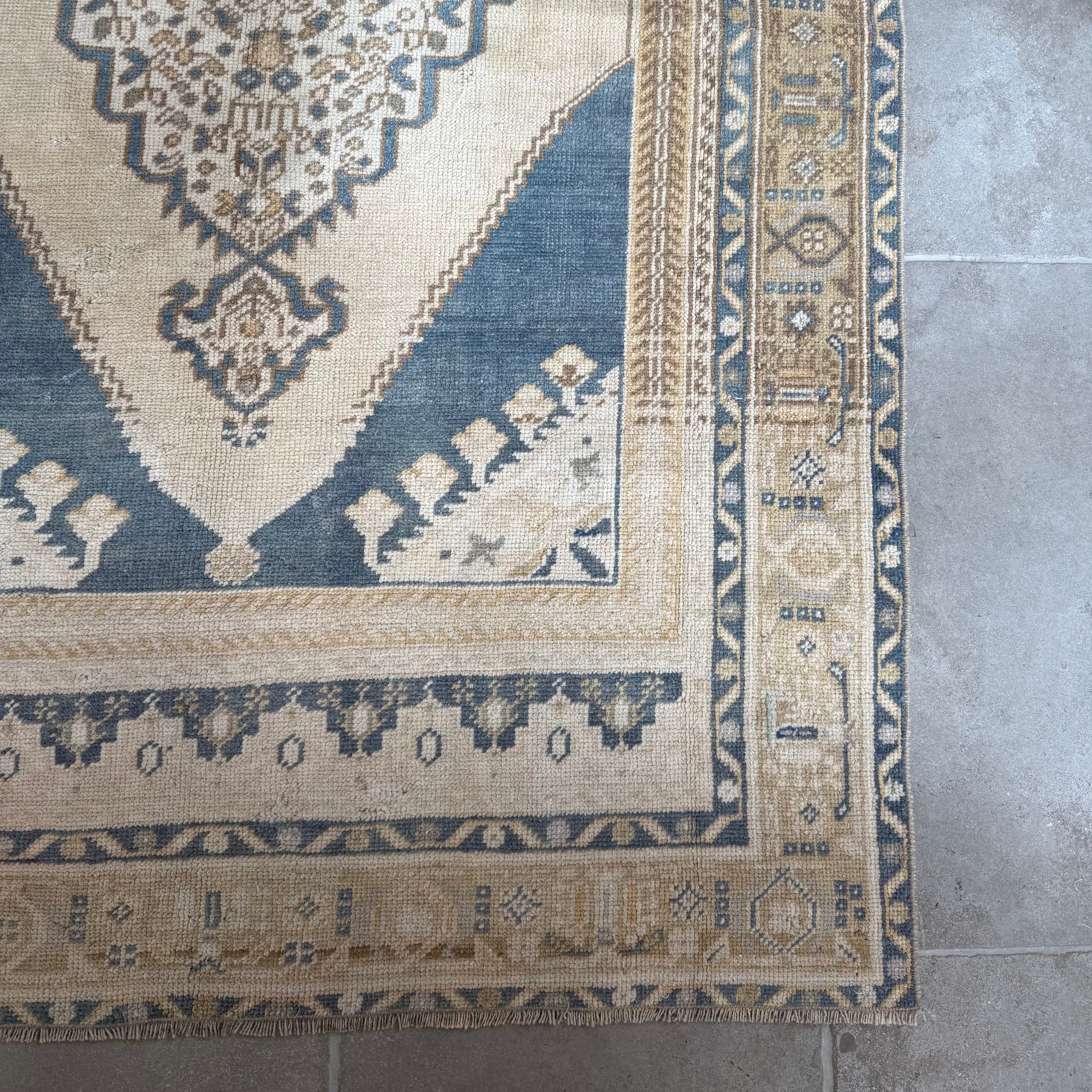 Vintage Beige and Blue Oushak Rug