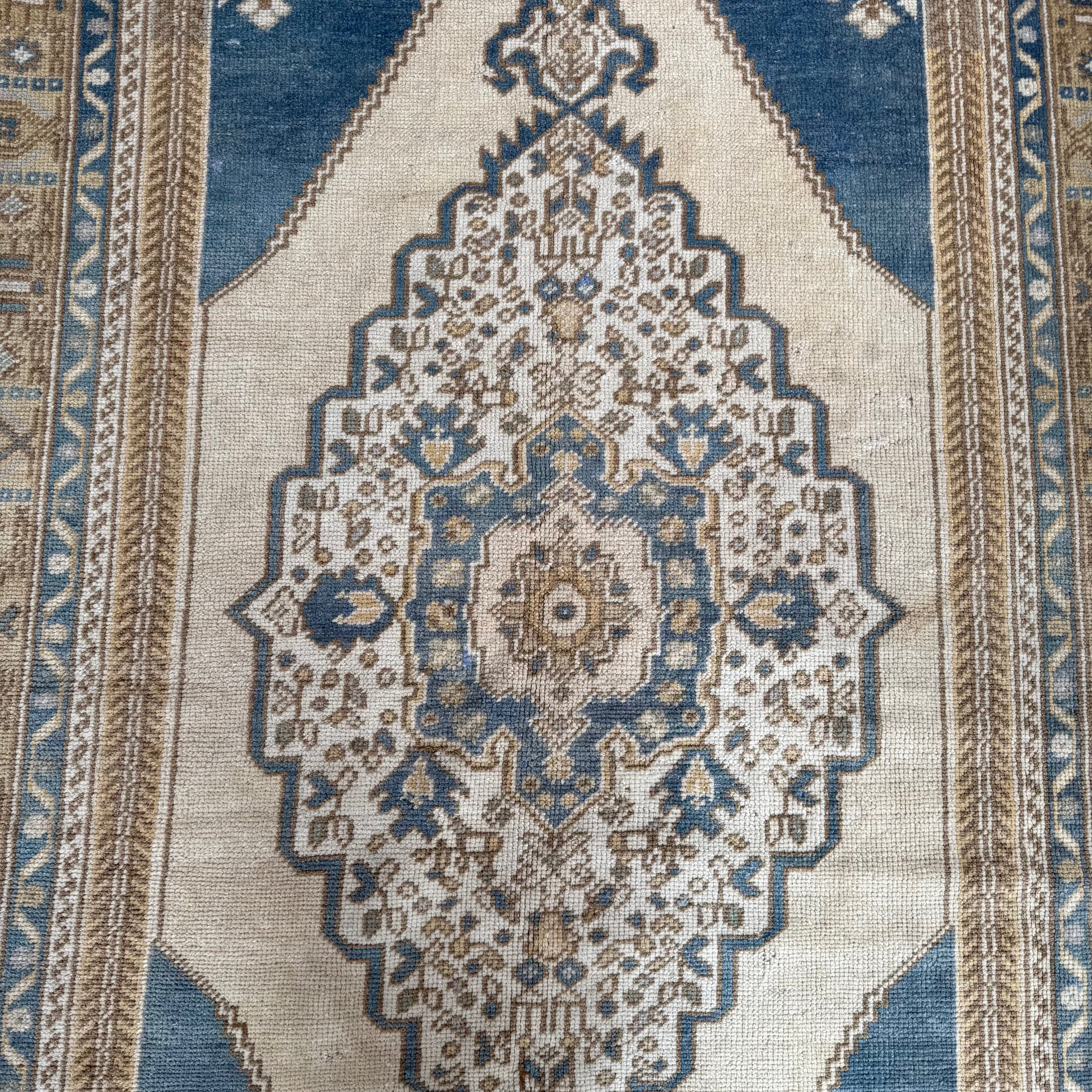 Vintage Beige and Blue Oushak Rug