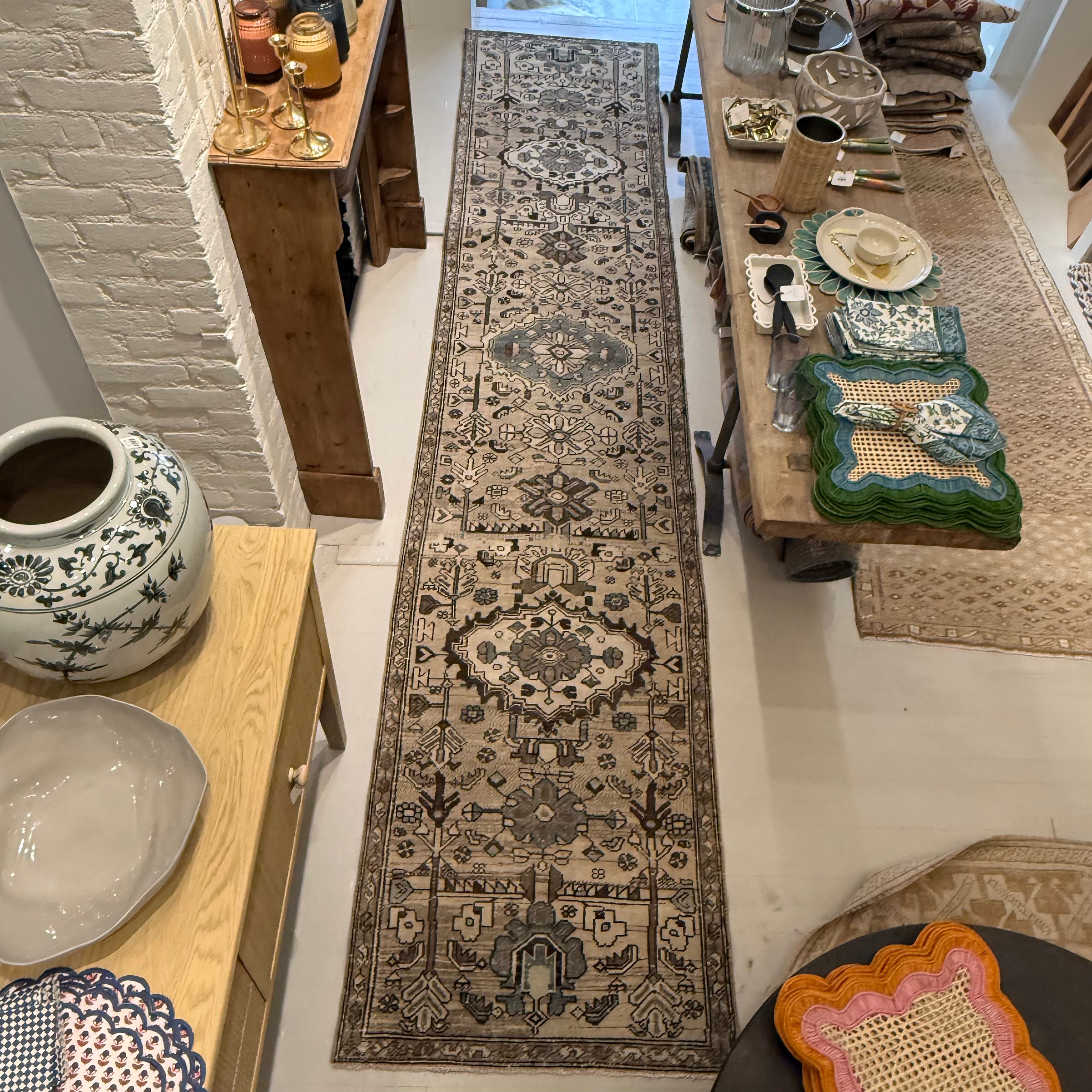 Vintage Beige / Light Brown / Brown / Blue Oushak Runner