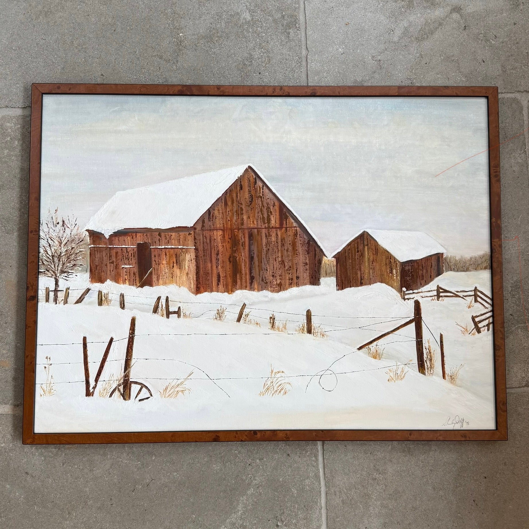 Vintage Winter Barn Landscape Oil Painting
